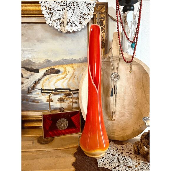 Vintage L.E. Smith Glass Bittersweet Orange Slag Glass Swung Vase – 21.5" Tall - Picture 5 of 7